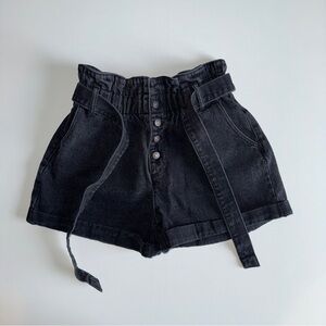 Forever 21 Paperbag Shorts Black Denim Size 29 Belted Waist High Rise Button Fly